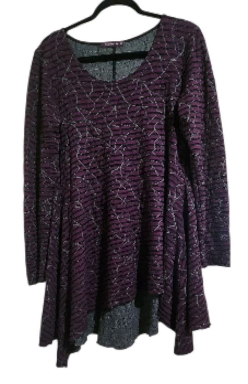 Cut.loose Womens Knit Tunic Top S Purple Black Striped Lagenlook Fall Asymmetric